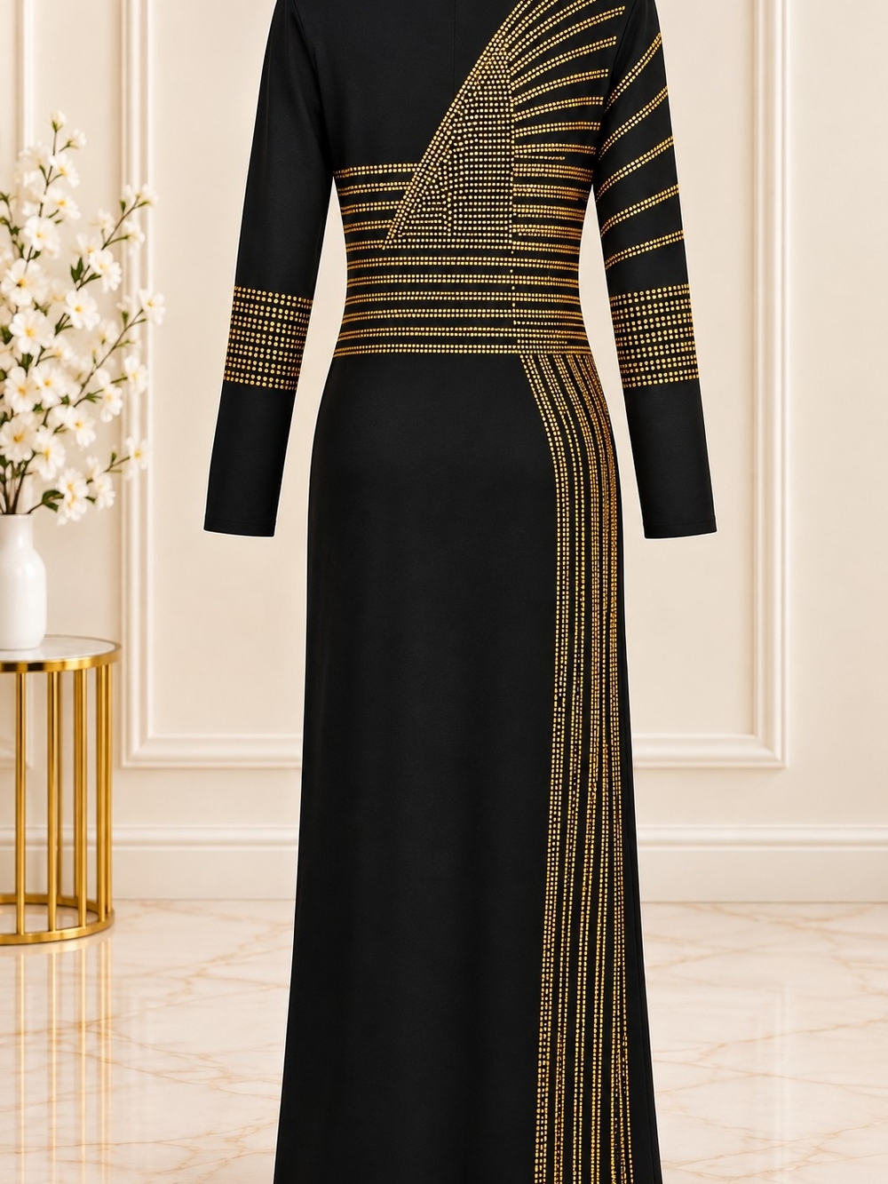 Black Long-Sleeve Maxi Dress with Gold Linear Embellishments